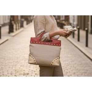 Kate Landry Studded Satchel Bag Unique Design Red Handle NWT Purse Gold Accents